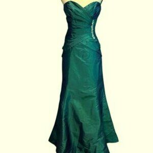 Elizabeth London iridescent Teal Taffeta Embellished Tie Back Gown
